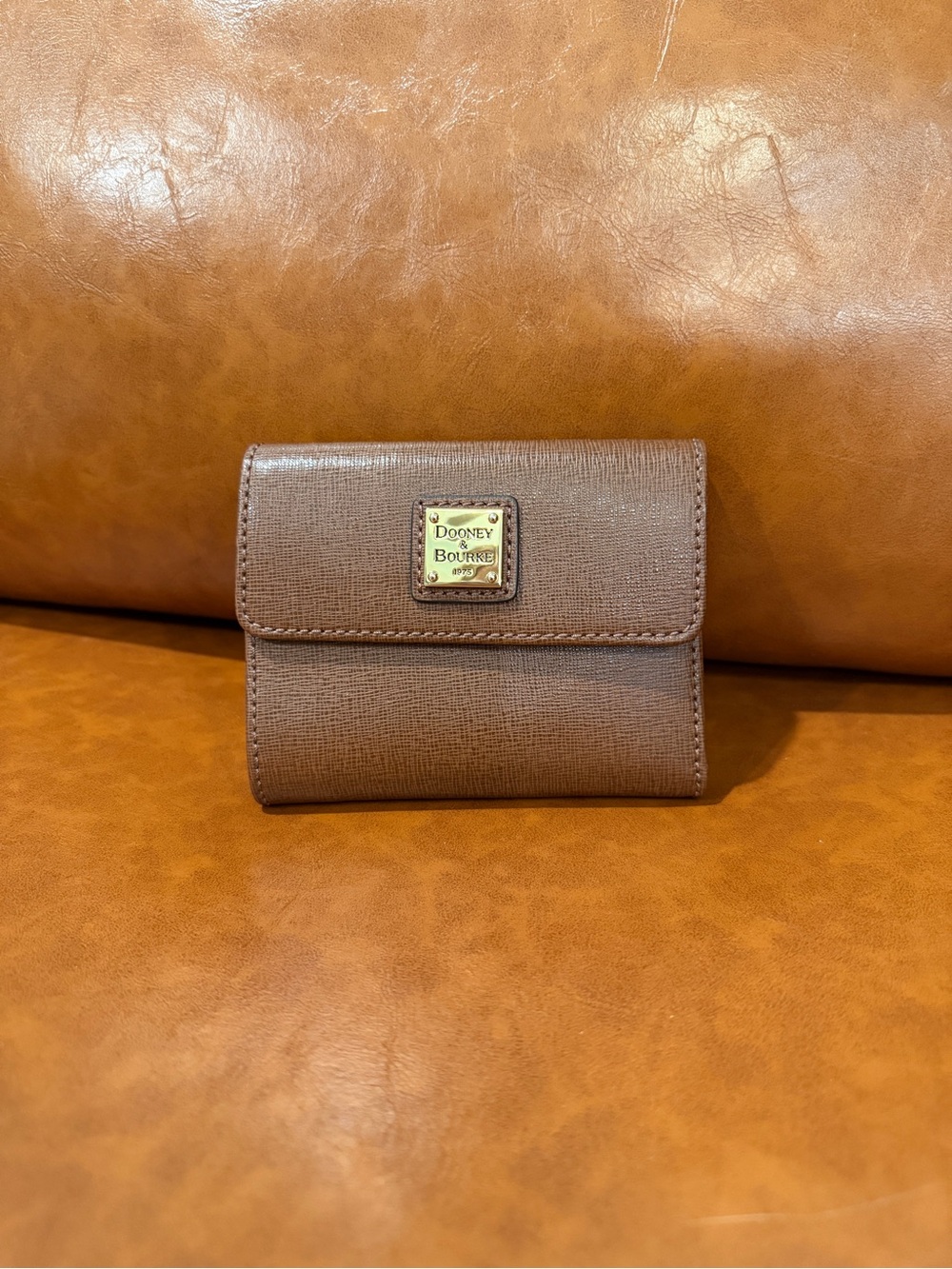 Dooney & Bourke Taupe Brown Saffiano Leather Compact Wallet with Gold Logo